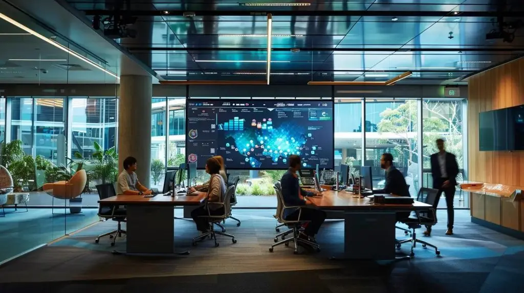 a dynamic urban office setting in brisbane features a group of professionals engaged in a cybersecurity strategy meeting, surrounded by digital displays showcasing data breaches and analytics, illuminated by sleek, modern lighting that highlights the urgency of addressing rising cyber threats.