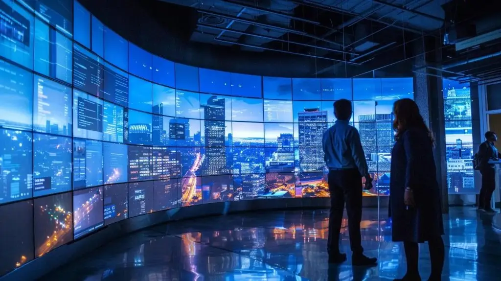 a dynamic urban office space showcases professionals engaged in a collaborative discussion, surrounded by digital screens displaying a blend of global security standards and local regulations, emphasizing the critical link in cloud compliance.