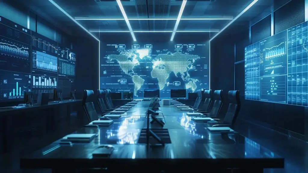a focused and sophisticated corporate meeting room, featuring a sleek conference table with detailed reports and visual infographics prominently displayed, highlighting the complex layers of security compliance and hidden fees under the harsh glare of overhead lighting.