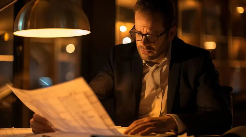 a focused auditor reviews comprehensive audit documentation and compliance checklists in a modern office conference room, illuminated by soft artificial lighting that highlights the meticulous details of the process.