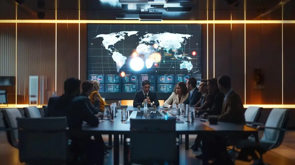 a focused boardroom scene featuring cybersecurity executives intently reviewing a large digital display filled with warning signs and performance metrics, surrounded by sleek modern furniture and soft artificial lighting that enhances the urgency of their discussion on outdated security systems.