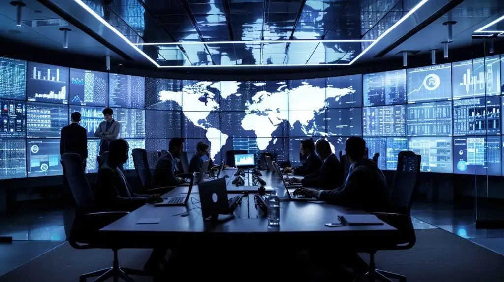 a focused business meeting unfolds in a sleek office, where a diverse team strategizes over compliance challenges, surrounded by digital displays highlighting cybersecurity threats and regulatory frameworks.