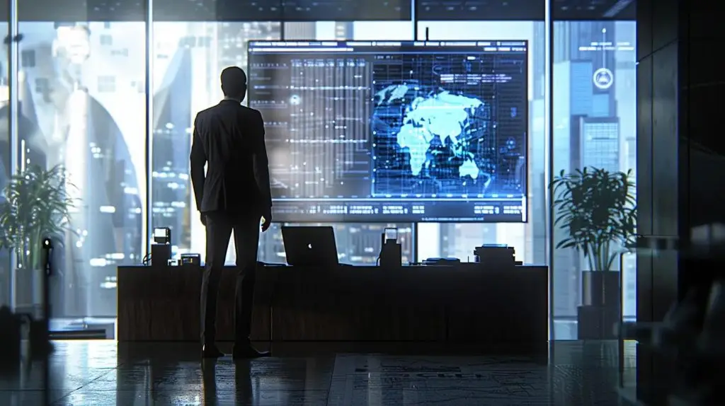 a focused business professional stands in a modern office, intently customizing a digital incident response plan on a sleek laptop, surrounded by high-tech monitors displaying complex cybersecurity data and a sophisticated workflow chart.