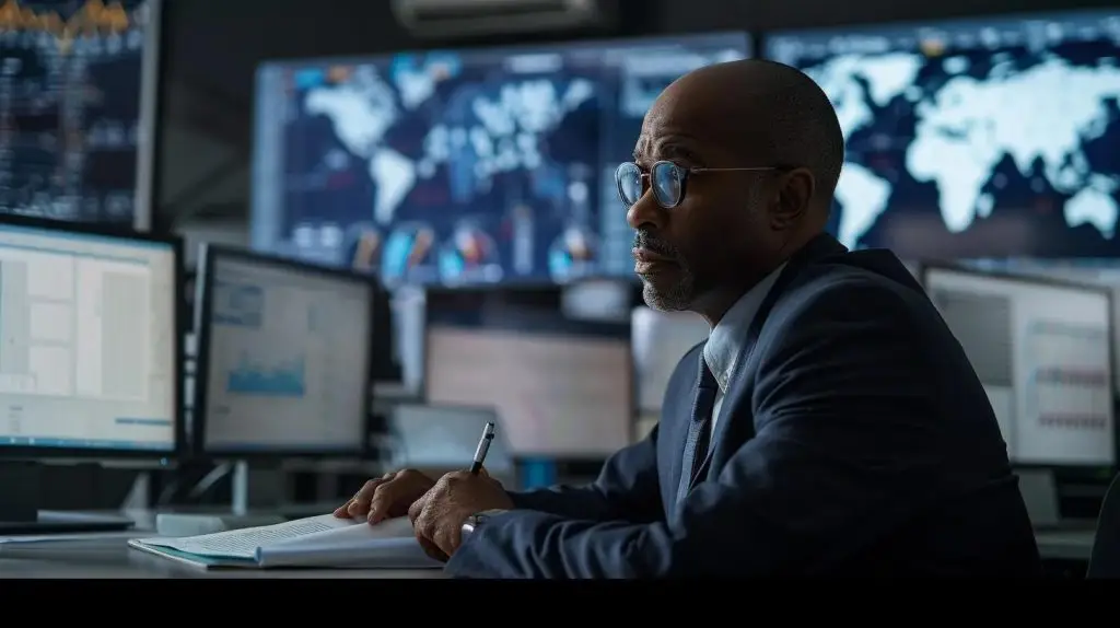 a focused business professional sits at a modern office desk, surrounded by compliance documentation and digital screens, deeply engaged in strategizing solutions to overcome obstacles in security compliance auditing.