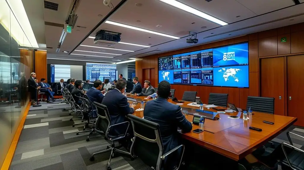 a focused corporate meeting room features a diverse team of professionals engaged in strategizing the systematic restoration of business functions after a cybersecurity event, with digital screens displaying recovery plans and data analytics in a sleek, modern office environment.