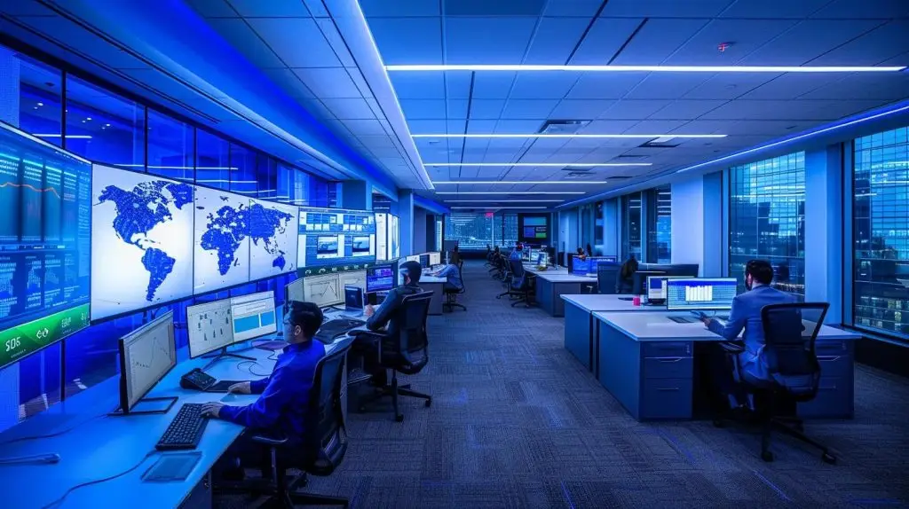 a focused cybersecurity team collaborates in a sleek, modern office, analyzing data on multiple high-resolution screens, with ambient blue lighting casting a professional atmosphere as they strategize effective recovery steps after a breach.
