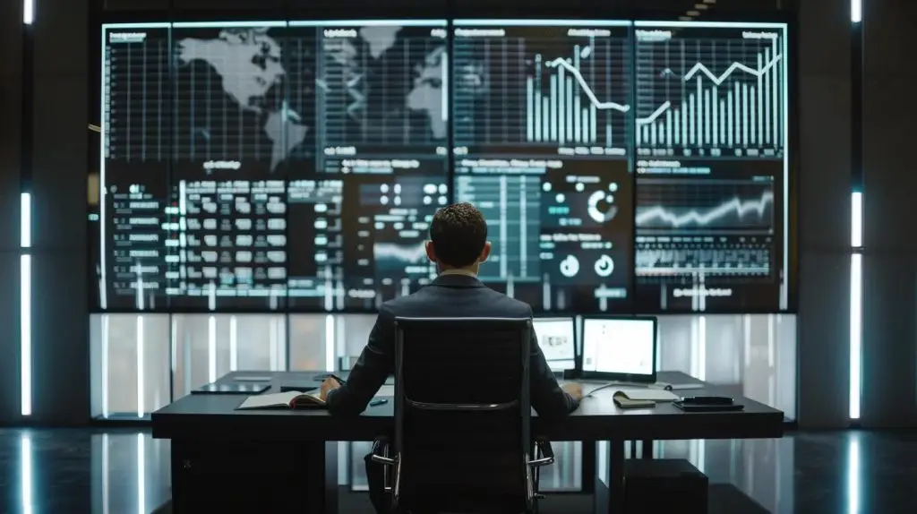 a focused executive in a modern office, surrounded by charts and digital displays, strategizes a detailed business continuity plan while analyzing data on a sleek, illuminated screen, emphasizing the importance of operational resilience during crises.