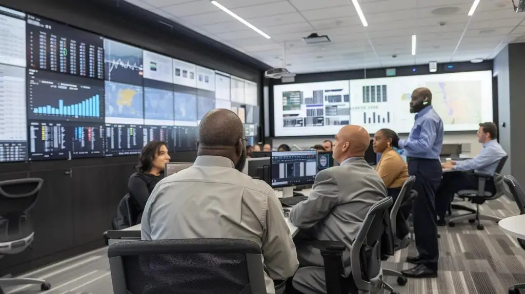 a focused group of diverse cybersecurity professionals engaged in a dynamic discussion inside a sleek, modern office, surrounded by digital screens displaying intricate data and cyber defense strategies, highlighting the identification of ideal candidates for advanced incident response training.