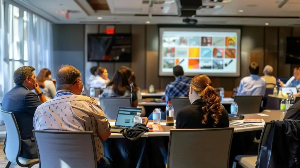 a focused group of diverse employees engaged in an interactive security awareness workshop, surrounded by digital screens displaying key concepts in cybersecurity, with a clear emphasis on preventing data breaches and fostering a culture of vigilance.