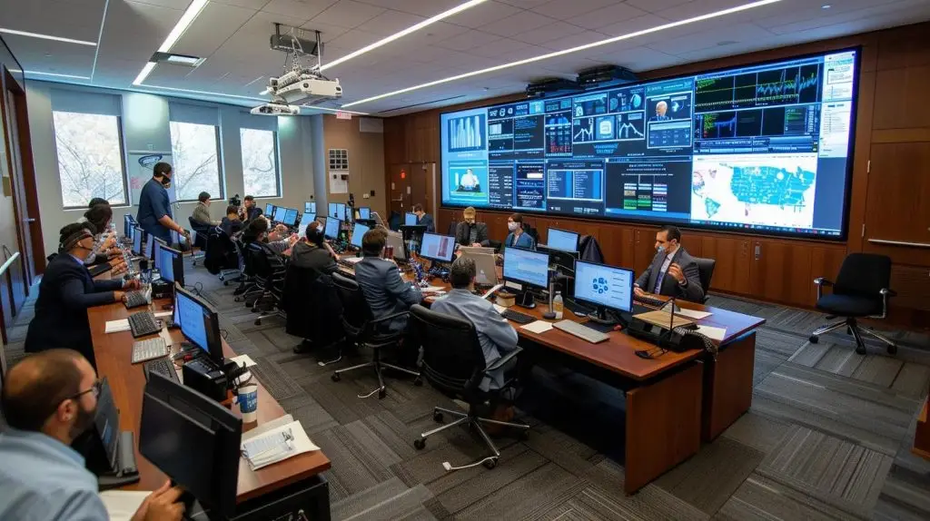 a focused incident response team collaborates in a sleek, modern conference room, analyzing digital data on multiple screens while engaged in a strategic crisis simulation, conveying an atmosphere of professionalism and vigilance.