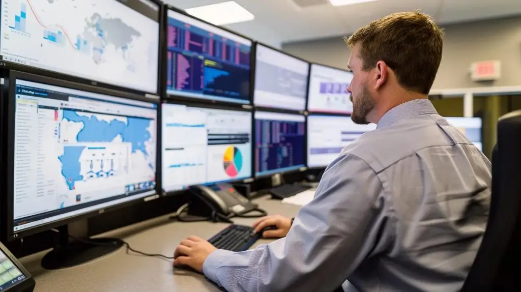 a focused it professional analyzes complex network security data on multiple monitors in a modern office filled with sleek technology, showcasing the strategic management of a fortigate firewall.