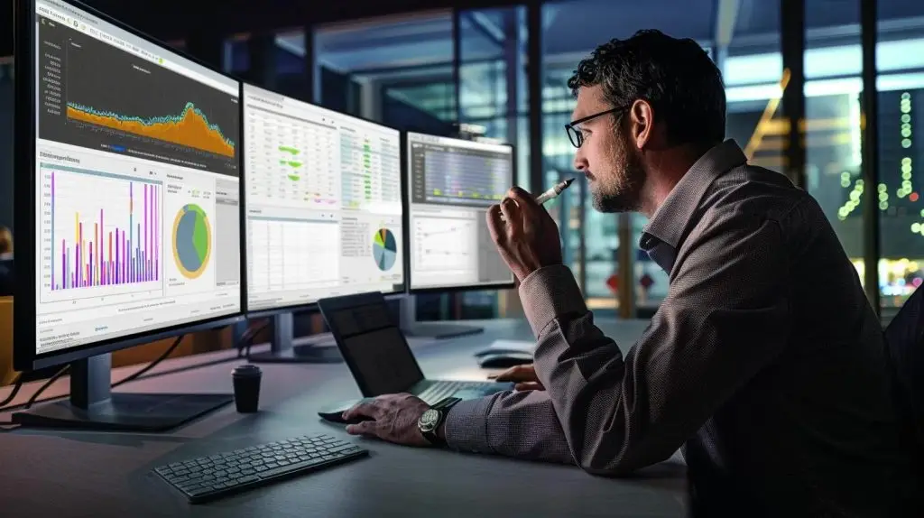 a focused it professional examines a detailed sql server performance dashboard on a large monitor, surrounded by advanced server equipment and sleek office furnishings, illuminated by the cool glow of screens displaying metrics and analysis tools.