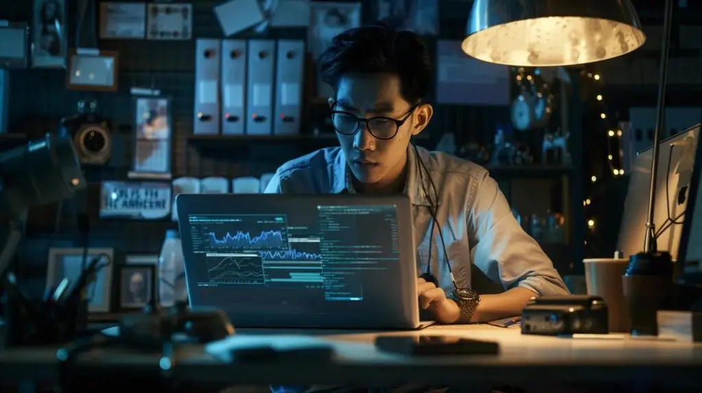 a focused it professional in a modern office, intently analyzing a sleek laptop screen filled with complex fortigate configuration data, illuminated by the cool glow of multiple tech gadgets and an organized workspace.