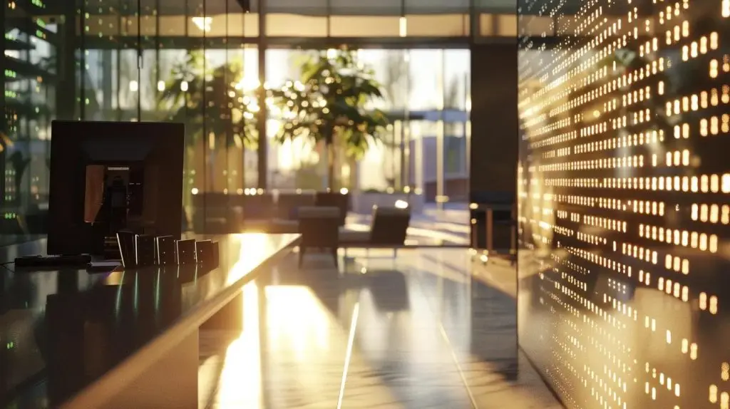 a focused, modern office environment showcases a sleek computer screen displaying intricate sql code, illuminated by soft, strategic lighting that emphasizes the dynamic flow of data and optimization strategies.