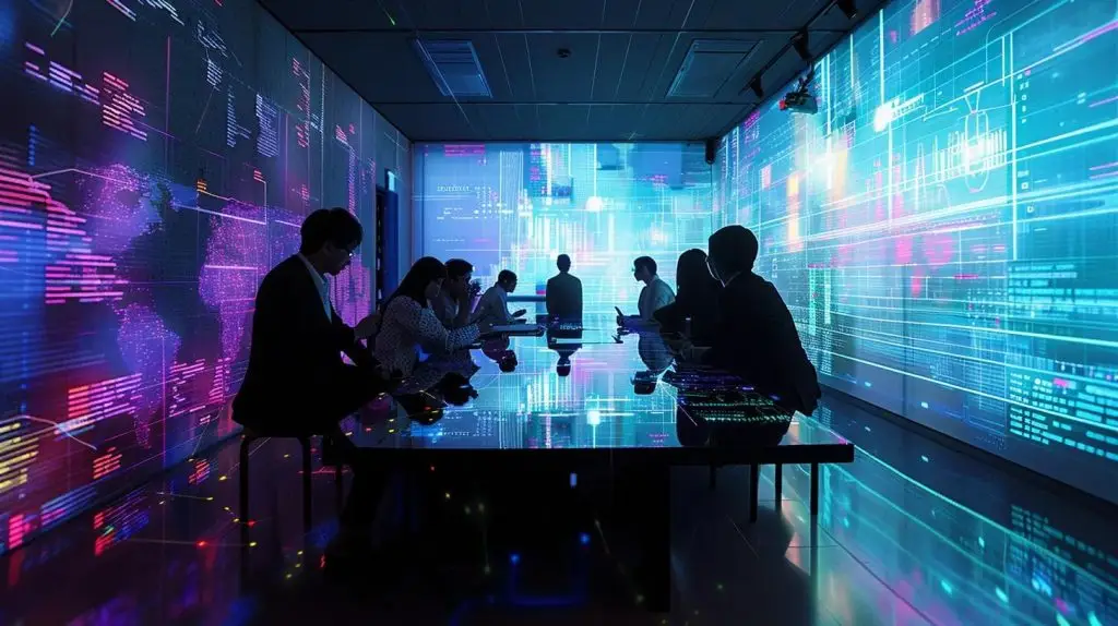 a focused, modern office environment captures a diverse group of professionals engaging in a dynamic brainstorming session around a sleek conference table, surrounded by digital security charts and documents that highlight comprehensive data protection policies.
