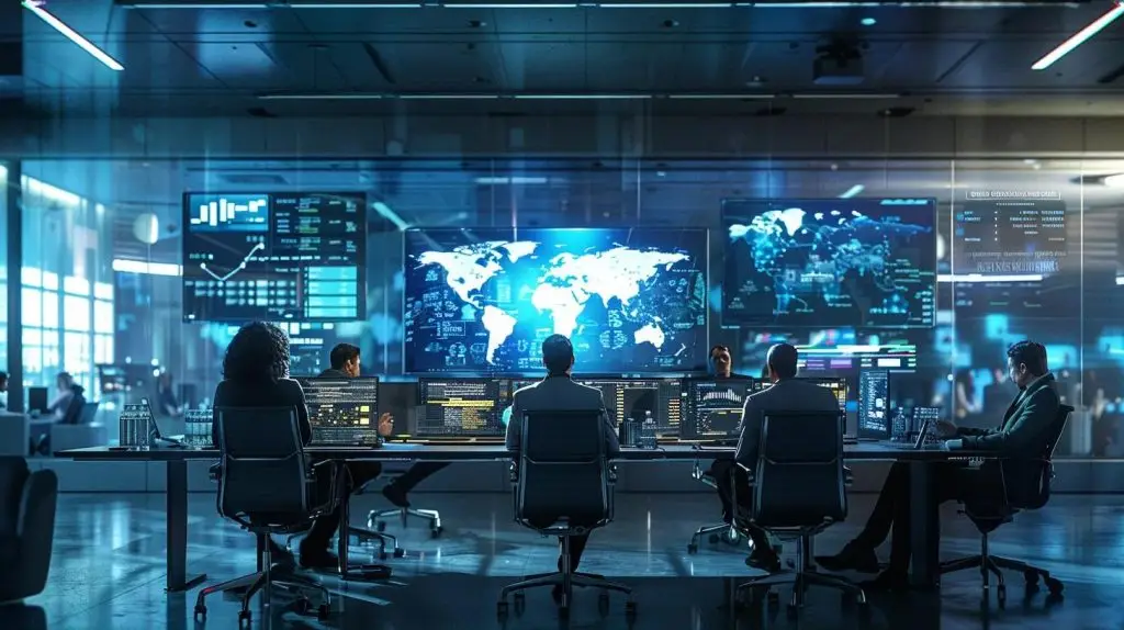 a focused office environment showcases a diverse group of small business professionals engaged in a strategic discussion around a large conference table, surrounded by digital displays highlighting various compliance and security software tools.
