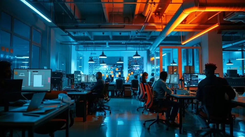 a focused office environment showcases a diverse group of employees engaged in a dynamic security training session, surrounded by clear visual aids on phishing and malware, all under vibrant overhead lighting that underscores the importance of robust cybersecurity awareness.