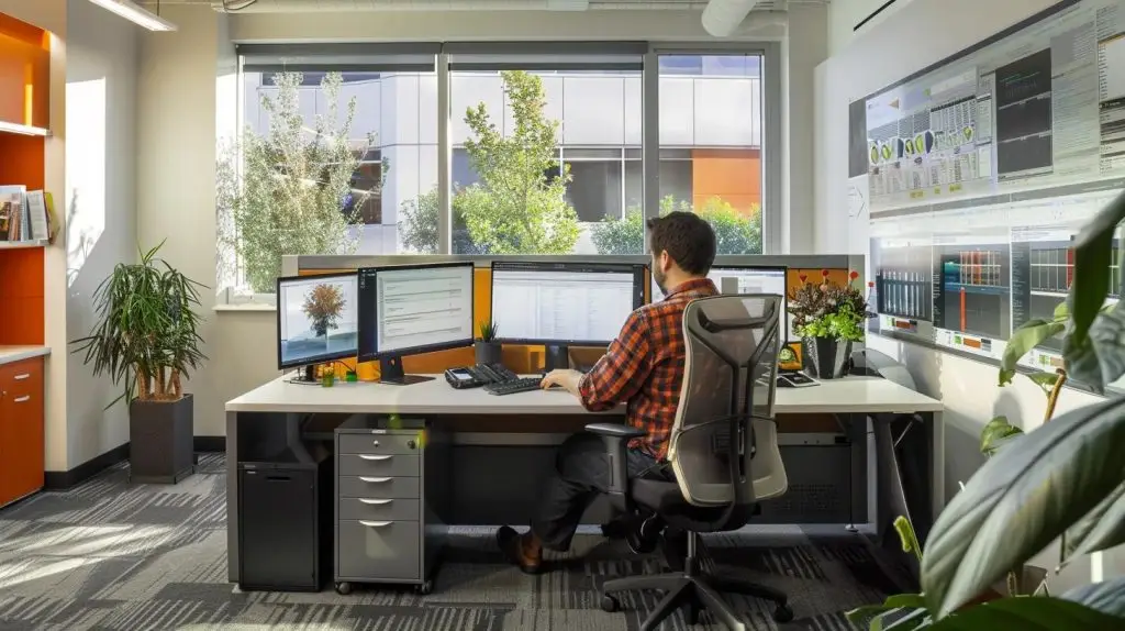 a focused office environment showcases a professional seated at a sleek desk, intently analyzing complex sql server code on dual monitors, with a backdrop of error logs and graphical data flow designs illuminated by dramatic overhead lighting, emphasizing the critical nature of robust error handling in high-transaction scenarios.