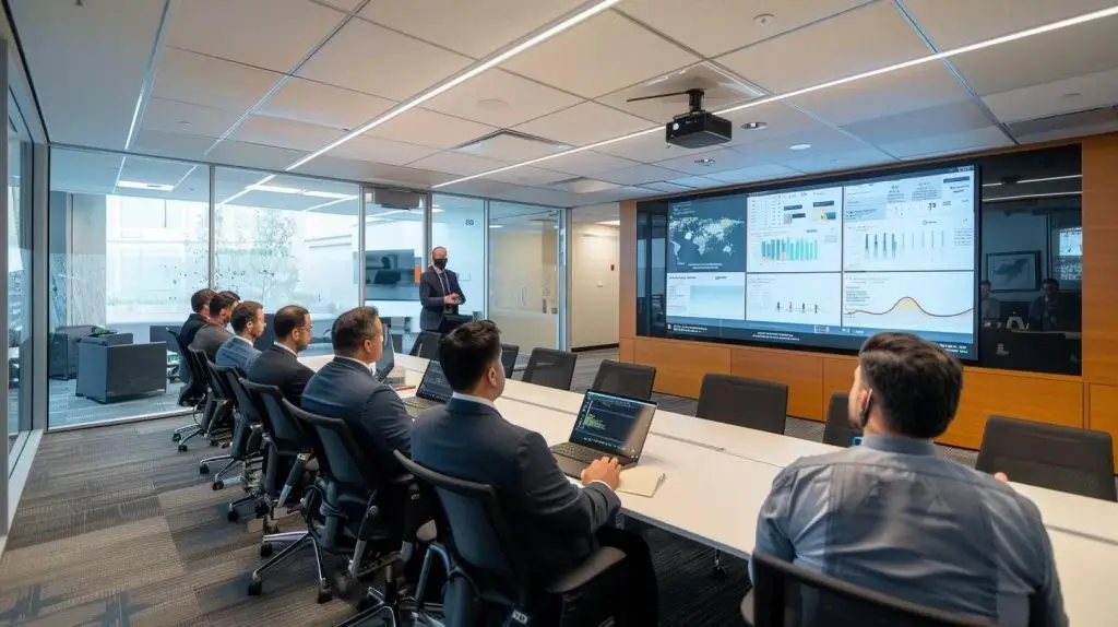 a focused office environment showcases a confident vciso presenting a dynamic cybersecurity strategy on a large screen, surrounded by engaged team members attentively analyzing complex security data.