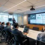 a focused office environment showcases a confident vciso presenting a dynamic cybersecurity strategy on a large screen, surrounded by engaged team members attentively analyzing complex security data.