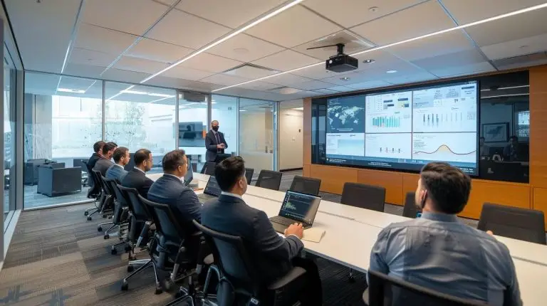 a focused office environment showcases a confident vciso presenting a dynamic cybersecurity strategy on a large screen, surrounded by engaged team members attentively analyzing complex security data.