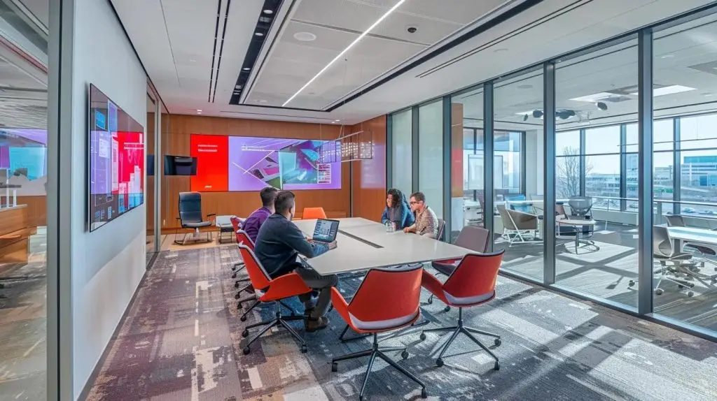 a focused office environment showcases a collaborative team engaged in a dynamic strategy session, surrounded by digital displays of cybersecurity data and a central figure embodying a virtual chief information security officer (vciso) guiding the development of a customized security plan.
