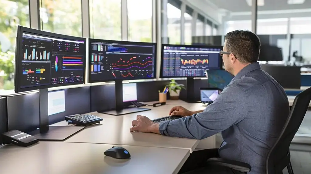a focused office environment showcases a determined it professional analyzing multiple screens with dynamic graphs and security alerts, highlighting the critical steps of containment, eradication, and recovery following a cyber security incident.