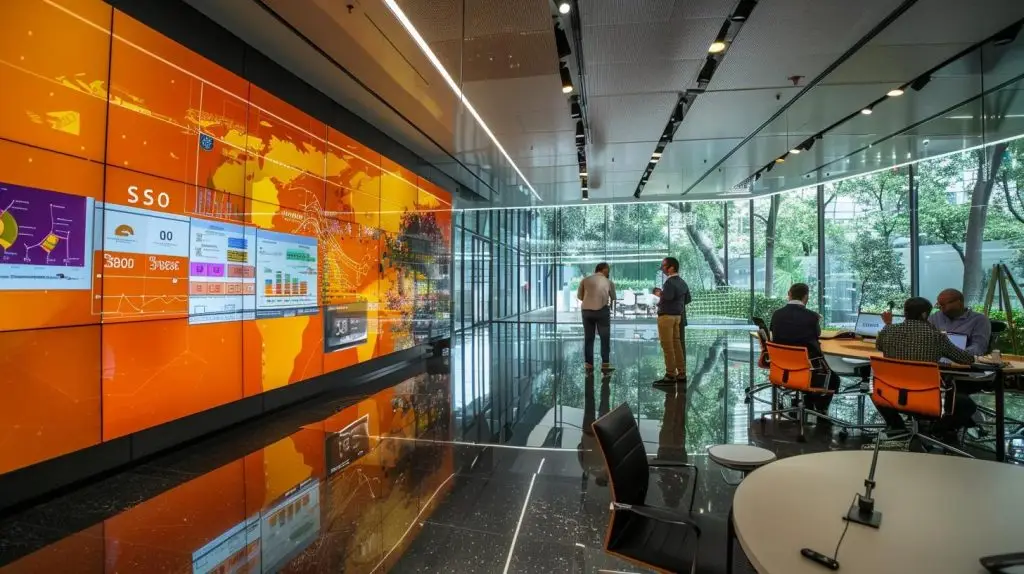 a focused office environment showcases a diverse team of professionals engaged in a strategic discussion around a large digital screen displaying an iso compliance framework, with vibrant charts and diagrams illustrating risk management strategies.