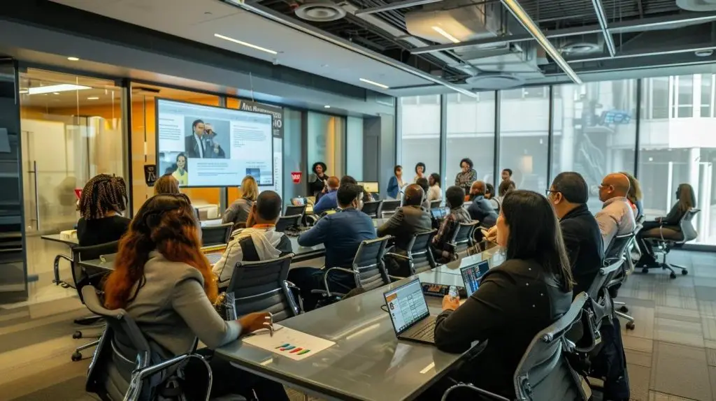 a focused office scene depicting a diverse group of employees engaged in an immersive security training workshop, with interactive displays and engaging materials highlighting real-world cyber threats and proactive defense strategies.