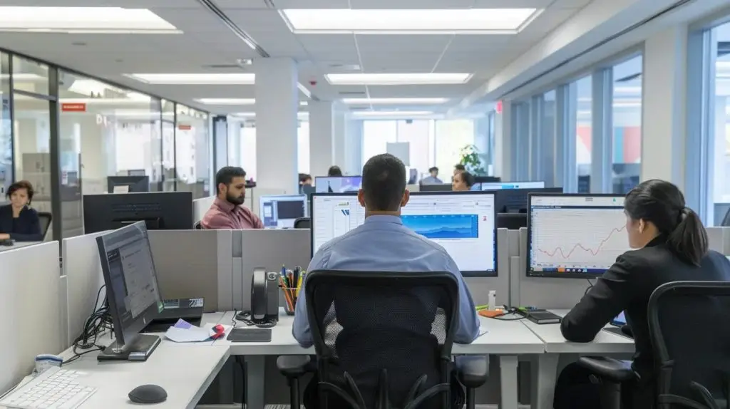 a focused office scene showcases a diverse team of professionals collaboratively analyzing cybersecurity risk assessment data on sleek monitors, surrounded by high-tech tools and digital dashboards illuminating the workspace.