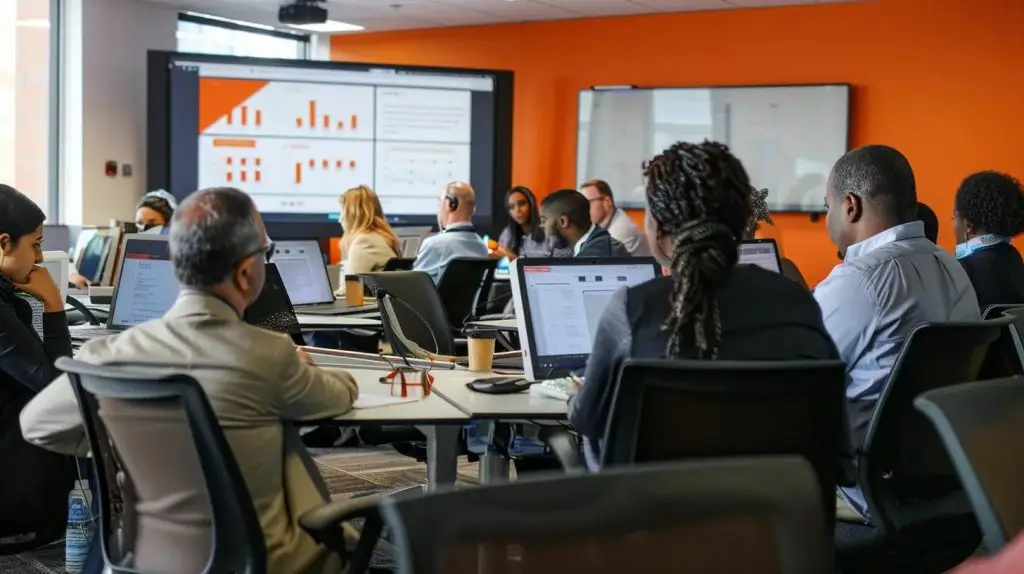 a focused office setting captures a diverse group of professionals engaged in a dynamic online security awareness training session, illuminated by modern technology and vibrant digital interfaces displaying cybersecurity strategies.