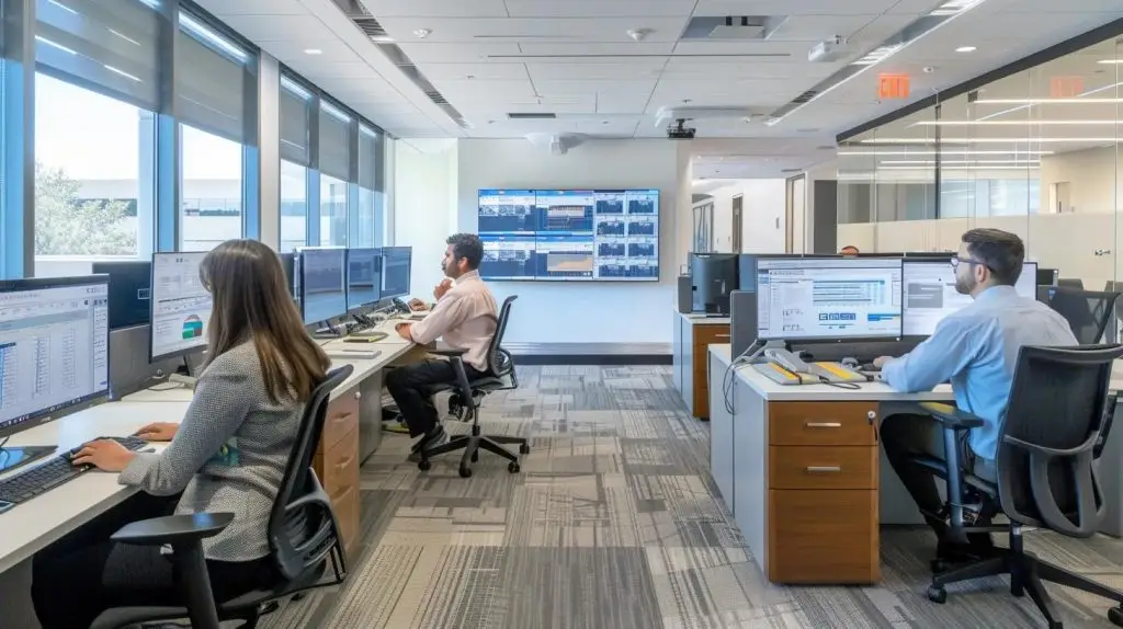 a focused office setting captures a team of professionals engaged in a rigorous security compliance audit, surrounded by digital displays of data analysis, compliance checklists, and documentation, emphasizing the structured phases of meticulous planning and evidence collection.