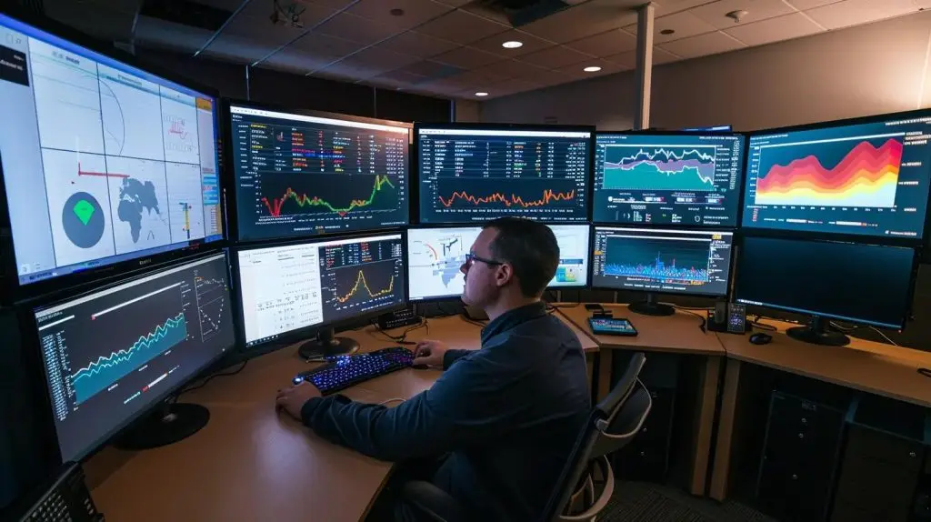 a focused office setting depicts a database administrator intently monitoring intricate sql server performance metrics on multiple screens, with colorful charts and graphs illuminating the room, emphasizing the critical importance of index oversight for optimal database efficiency.