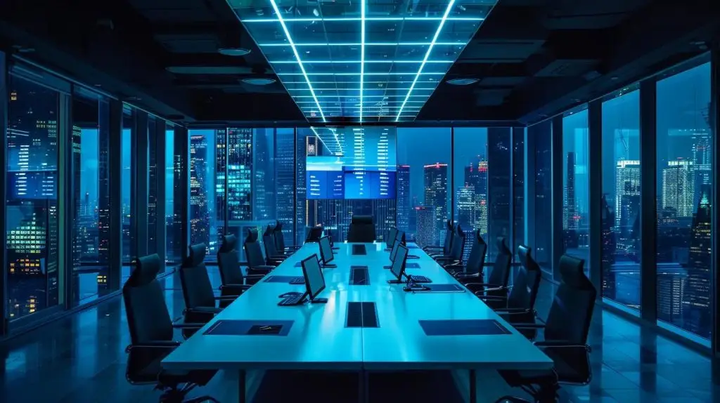 a focused office setting features a sleek conference table strewn with updated incident response plan templates, illuminated by sharp fluorescent lighting, reflecting the urgency and precision required for modern cybersecurity management.