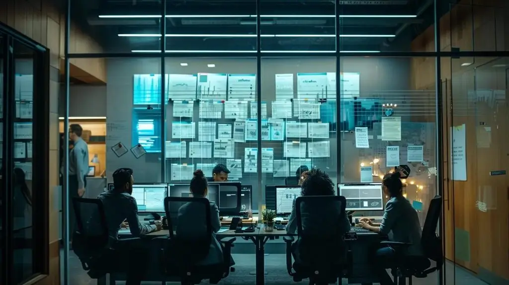 a focused office setting showcases a diverse group of professionals engaged in a detailed strategy session, surrounded by charts and compliance documents, illustrating the careful planning and training necessary for effective deployment of compliance solutions in a small business.