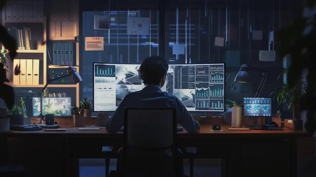 a focused professional sits at a modern office desk, analyzing a digital risk assessment dashboard on a sleek monitor, surrounded by technical incident response documents and cybersecurity tools, illuminated by the glow of ambient office lighting.