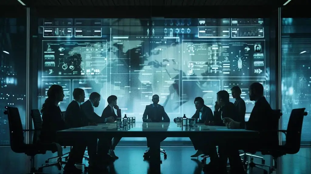 a focused team collaborates around a sleek conference table, analyzing a digital incident response plan displayed on a large screen, with intent expressions highlighting the urgency and importance of effective communication in cybersecurity.