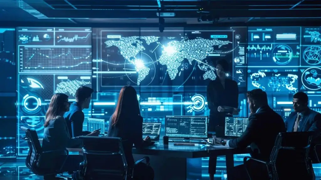 a focused team engaged in a dynamic brainstorming session around a sleek conference table, illuminated by overhead lights, as they analyze a digital presentation detailing the lessons learned from a cybersecurity incident.