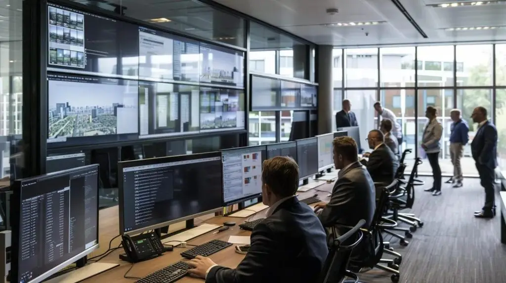 a focused team of auditors in a modern office environment, analyzing digital compliance frameworks displayed on sleek monitors, embodying the precision and rigor of security audit methodologies in a high-tech atmosphere.