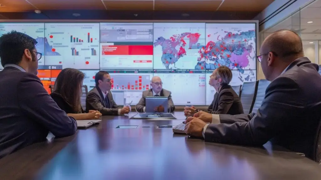 a focused team of cybersecurity professionals gathered around a sleek conference table, intensely analyzing data on digital displays, with a large screen in the background showcasing a strategic plan for enhancing incident response readiness.