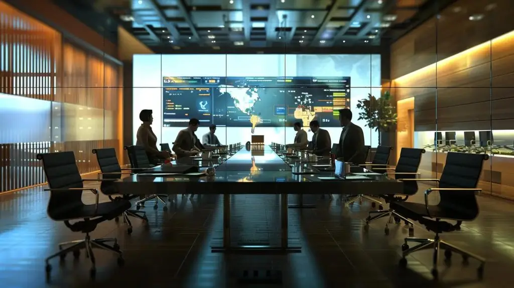 a focused team of professionals in a sleek modern conference room engages in a simulated incident response drill, surrounded by digital displays showcasing real-time data and strategic protocols.
