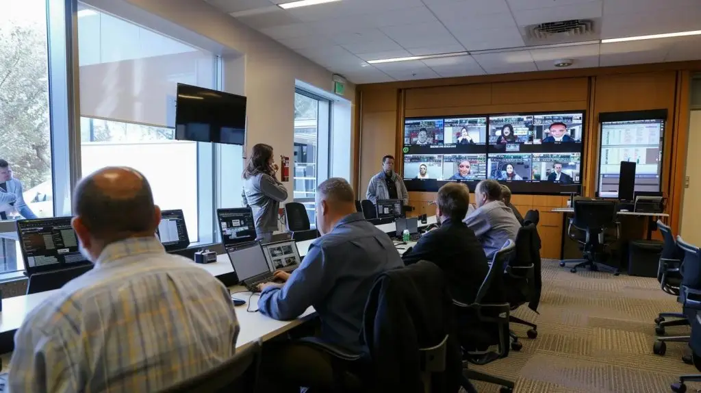 a focused team of professionals engaged in an interactive incident response training session within a modern, technologically equipped office, analyzing cyber threat scenarios on large screens, reflecting the intensity and urgency of real-time decision-making.