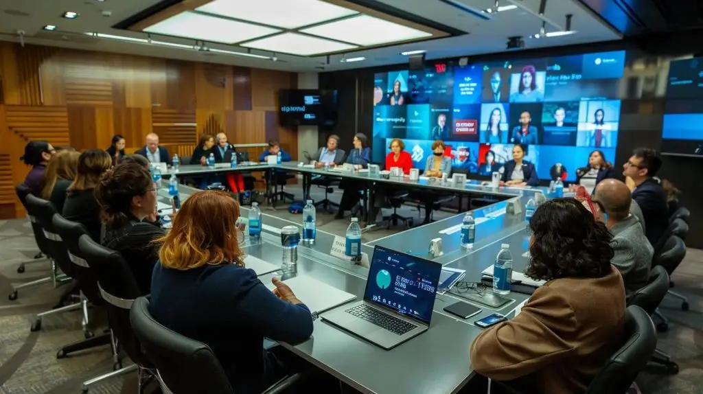 a focused training session unfolds in a modern corporate conference room, featuring engaged employees around a sleek table, with vibrant digital displays showcasing security compliance strategies and cutting-edge technology updates.
