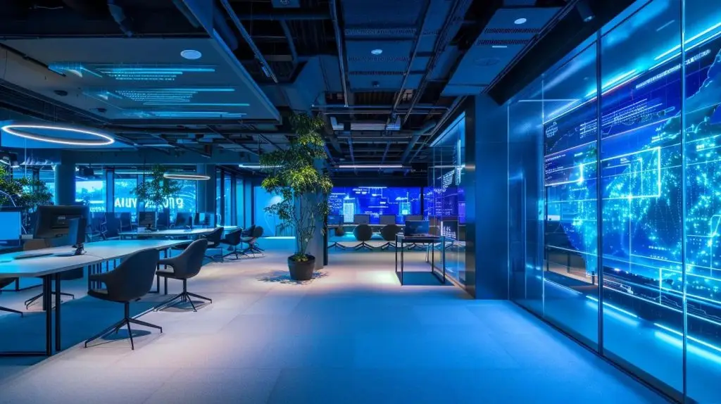 a futuristic office filled with glowing screens displaying intricate cybersecurity data analytics, featuring sleek zero-trust architecture blueprints and holographic visualizations of quantum-resistant encryption methods, all illuminated by dynamic, cool-toned lighting to underscore the high-tech atmosphere.