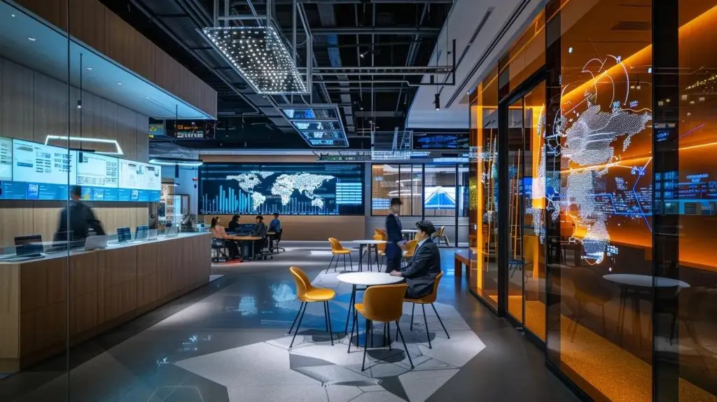 a futuristic office space is illuminated with vibrant screens displaying intricate cyber threat analytics, while business professionals engage in strategic discussions, embodying the evolution of threat intelligence tools in enhancing organizational preparedness.