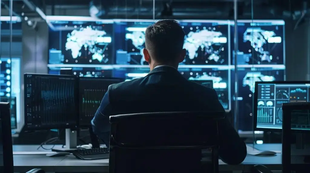 a high-tech cybersecurity operations center is filled with digital screens displaying real-time threat intelligence data, while focused analysts monitor alerts and collaborate to optimize incident response strategies in a sleek, modern workspace.