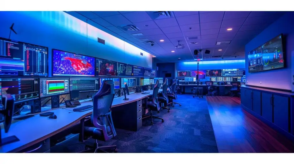 a high-tech cybersecurity operations center with multiple glowing screens displaying real-time threat data, and a focused team of professionals analyzing malware and ddos attacks, bathed in a cool blue ambient light to emphasize the critical nature of modern cloud security.