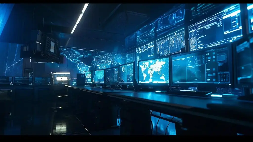 a high-tech cybersecurity operations center brims with sleek monitors displaying real-time threat data and analytics, illuminated by a cool blue glow, emphasizing the critical assessment and implementation of advanced security technologies.