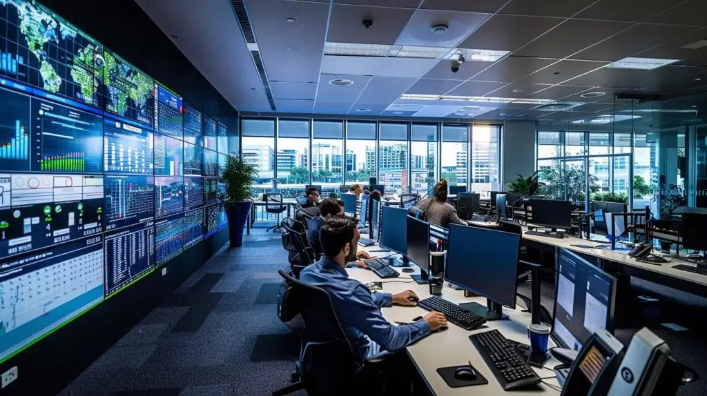 a high-tech office setting in brisbane showcases a focused vciso consultant analyzing real-time cybersecurity data on multiple glowing screens, surrounded by advanced security equipment, illustrating the proactive measures taken to combat emerging cyber threats.