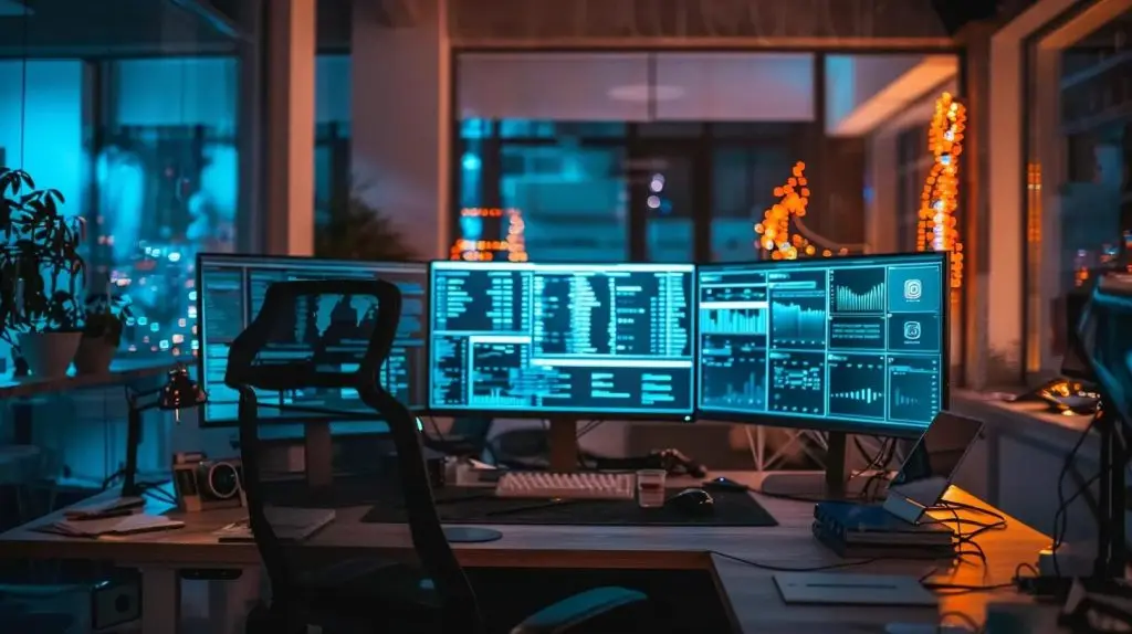 a high-tech office space features a sleek multi-monitor setup displaying real-time cloud security dashboards and compliance metrics, emphasizing the critical role of governance and compliance in cybersecurity efforts.